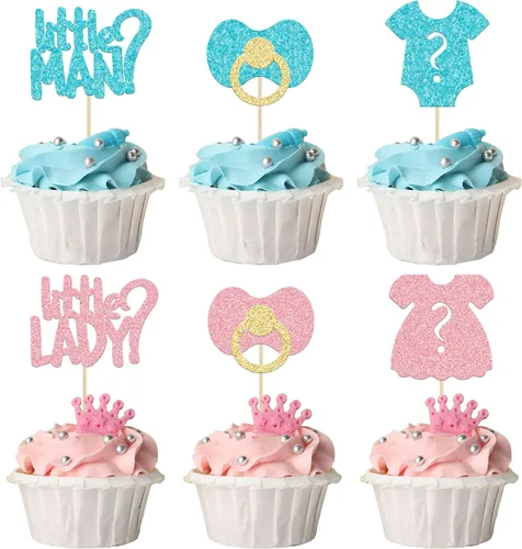 Miniatura 14 de 24 piezas de decoración para cupcakes para niños o niñas, pies con purpurina, vestido de revelación de género, selecciones de cupcakes, decoraciones