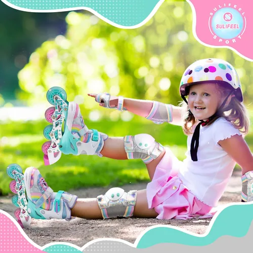 Miniatura 7 de SULIFEEL Patines en línea de unicornio arcoíris para niñas y niños, 4 tamaños, ajustables, con ruedas iluminadas, para niños principiantes Un arco