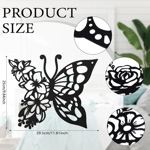 Miniatura 3 de LOYIM 4 piezas de decoración de pared de mariposa de metal, decoración de pared de hojas de metal, fases lunares, floral, bohemio, para colgar