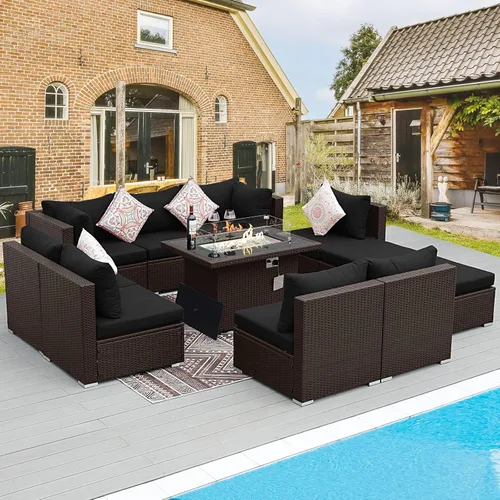 Miniatura 19 de BULEXYARD Juego de muebles de patio de respaldo alto de 7 piezas con mesa de fogata de combustible dual propano/gas natural, sofá seccional