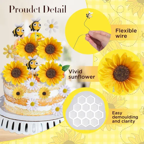 Miniatura 5 de RAYNAG 44 decoraciones para pasteles de abeja y girasol, juego de adornos de pastel de abeja de girasol para decoraciones de fiesta de cumpleaños