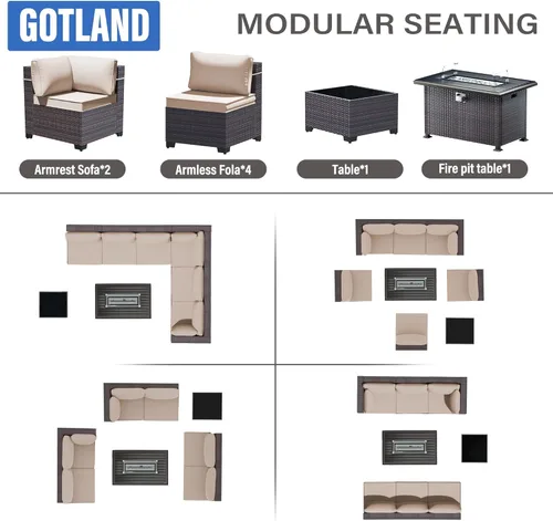 Miniatura 7 de Gotland Juego de muebles de patio de 8 piezas con mesa con fogón, muebles de ratán para exteriores para todo tipo de clima con respaldo alto de 2