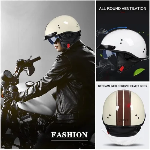 Miniatura 6 de Casco retro de motocicleta para adultos, hombres y mujeres, aprobado por DOT, estilo alemán, cascos de media cara con gafas desplegables, visera