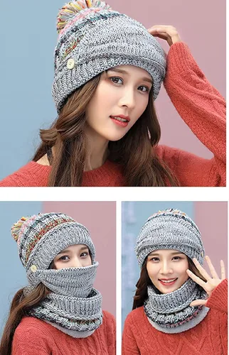 Miniatura 6 de Gorro de invierno para mujer con forro polar y solapas para las orejas con pompón bufanda y máscara cálido suave y holgado