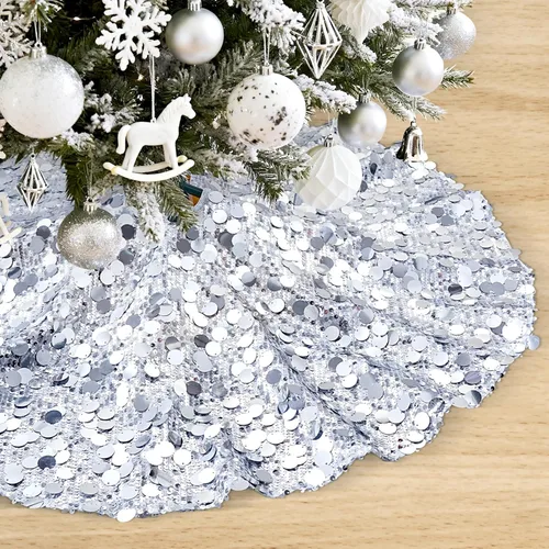 Miniatura 9 de Falda de árbol de Navidad plateada de 36 pulgadas, falda de árbol de Navidad con lentejuelas brillantes, decoraciones de Navidad con purpurina