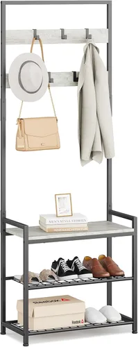 Miniatura 9 de Perchero de pasillo con almacenamiento de zapatos, banco de almacenamiento de árbol de entrada, muebles decorativos de aspecto de madera con marco