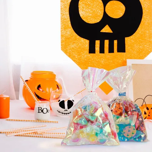 Miniatura 6 de HRX Package 100 piezas de pequeñas bolsas de celofán iridiscentes con lazos, 4x6 pulgadas bolsas de plástico holográficas para dulces, pop cakes