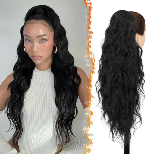 Miniatura 20 de BARSDAR Extensión de cola de caballo rojo burdeos, extensiones de cabello ondulado con cordón de 16 pulgadas para mujer, extensiones de cabello