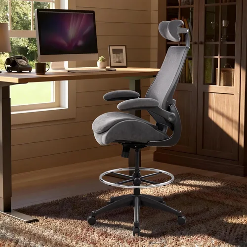 Miniatura 2 de Silla de dibujo ergonómica alta para escritorio de pie, taburete de malla de 400 libras con reposapiés ajustable, cojín de asiento doble y brazos