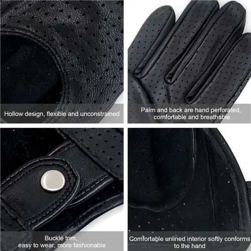 Miniatura 4 de ZLUXURQ Guantes de conducción de cuero de malla completa para hombre, sin forro, suave y fina piel de cordero italiana