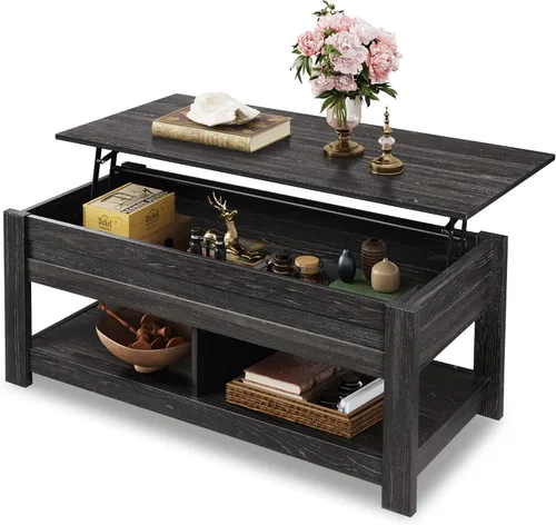 WLIVE - Mesa de centro con parte superior elevable de 47", mesa de centro con compartimento oculto y 2 estantes de almacenamiento para sala de Roble