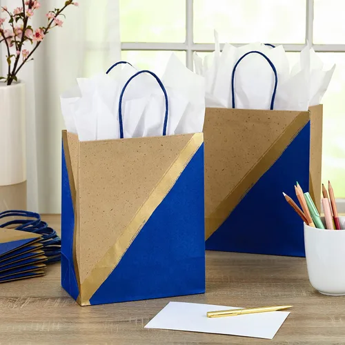 Miniatura 2 de Hallmark Bolsas de regalo de papel medianas de 9 pulgadas (paquete de 8 – azul y kraft) para Hanukkah, cumpleaños, bodas, día del padre