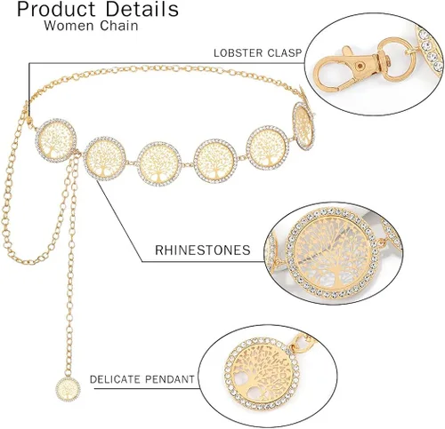 Miniatura 5 de Navoky Rhinestone Chain Belts for Women Tree of Life Chain for Dress Jeans Metal Belly Waist Chain Jewlry Accessories
