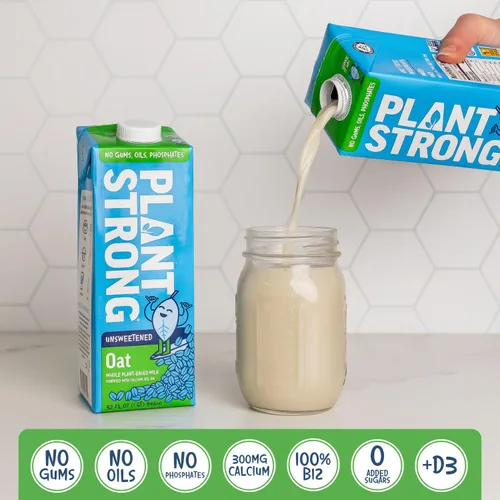Miniatura 4 de PLANTSTRONG Leche: leche entera a base de plantas, fortificada con calcio, B12 y D3, sin gomas ni aceites, proyecto verificado sin OMG, sin gluten