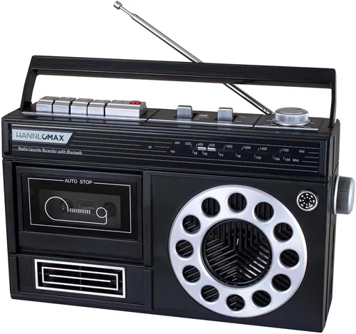 HANNLOMAX HX-601K Grabadora portátil de casete de radio AM/FM con Bluetooth, grabaciones desde micrófono o radio incorporado, conector para Negro