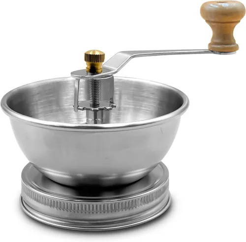 Molinillo de café de acero inoxidable con tapa para frascos Mason de boca regular - molinillo manual de manivela con fresas para café fresco, ideal