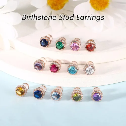 Miniatura 6 de Aretes de piedra natal natural de 0.8 quilates para mujeres y niñas, aretes de plata de ley 925 con halo de corte redondo amatista rubí, topacio