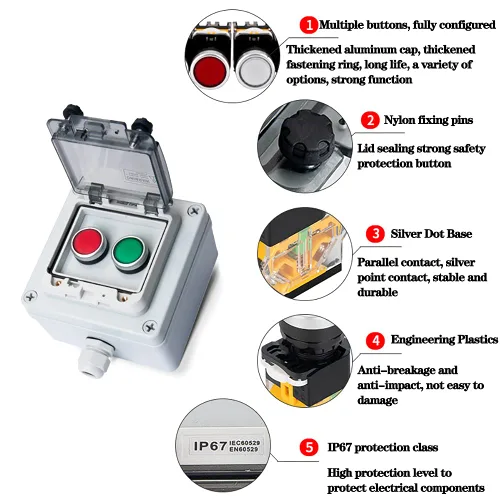 Miniatura 2 de Caja de botones con interruptor de parada de emergencia, botones de arranque/parada y rotativos (rojo/verde)