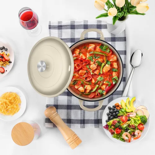 Miniatura 6 de P&P CHEF Horno holandés esmaltado de 5 cuartos de galón, olla holandesa de hierro fundido con tapa para hornear pan, olla esmaltada para asar, Caqui
