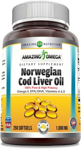 Miniatura 7 de Amazing Omega Norwegian Cod Liver Oil 1000 Mg Softgels Supplement Omega-3, EPA, DHA, Vitamin A, D & Vitamin E (Lemon 60 Count)