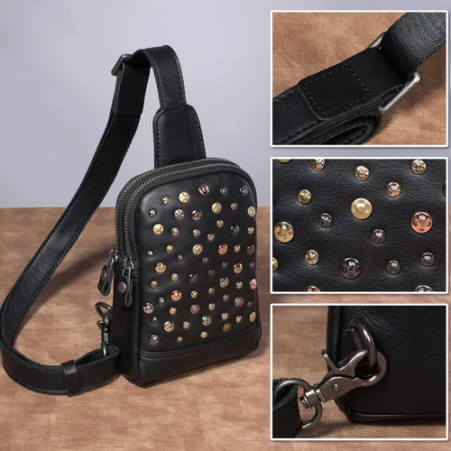 Miniatura 6 de CENUNCO Bolso bandolera de cuero genuino para mujer, bolso cruzado de cuero pequeño para teléfono, estilo remache, estilo remache, bolso negro