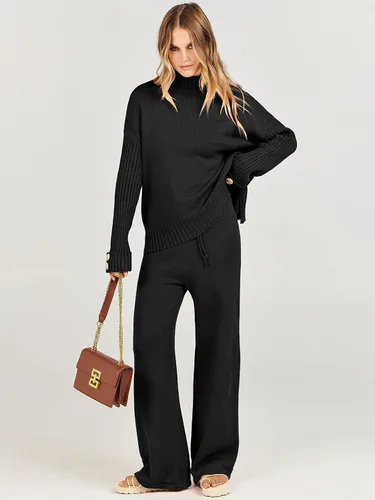 Miniatura 3 de ANRABESS Conjunto de 2 piezas para mujer, suéter de punto de manga larga, pantalón de pierna ancha, ropa de descanso, moda 2025
