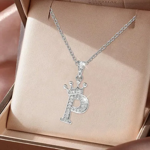 Miniatura 2 de Collar con dije de diamante completo de 26 letras inglesas para mujer, collar de diamantes de imitación de corona de plata A Z 26 collares