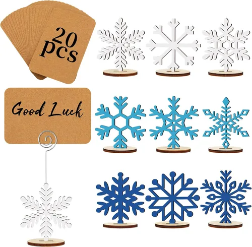 Funnymoom - 20 unidades de soportes de madera para tarjetas navideñas con diseño de copo de nieve azul y blanco, y 20 tarjetas Kraft para nombres y