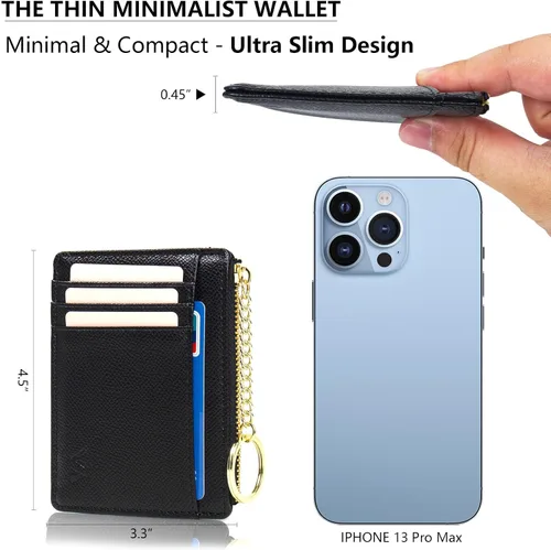 Miniatura 5 de Tarjetero delgado con bloqueo RFID, billetera de bolsillo pequeño, con cremallera Keychian para monedero, monedero y tarjetero para mujeres y hombres
