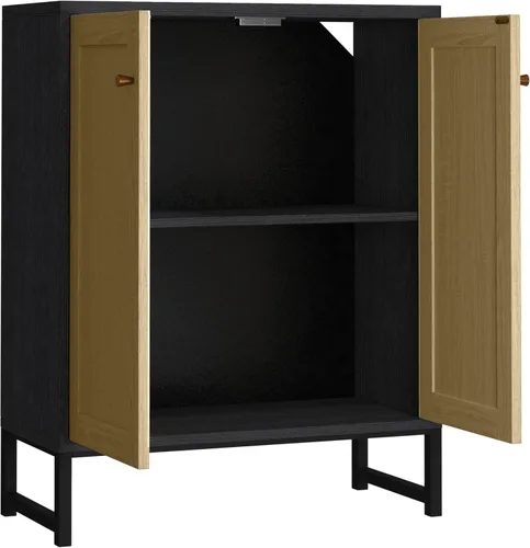 Miniatura 9 de Panana Gabinete de almacenamiento de ratán decorado con 2 puertas, gabinete de acento para sala de estar, armario de cocina, aparador de buffet Negro