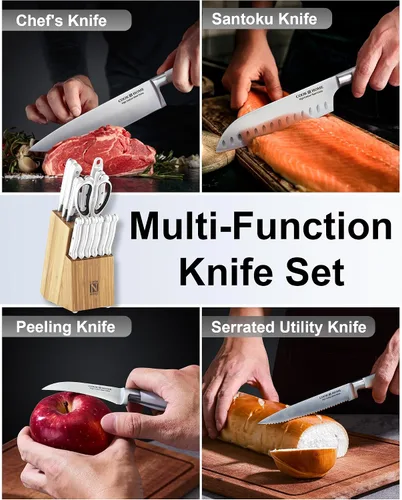 Miniatura 3 de Cook N Home Basics - Juego de cubiertos de bambú con cuchillos, hoja de acero inoxidable de alto carbono, 15 piezas, color blanco