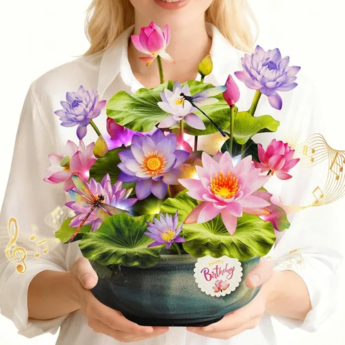 Miniatura 11 de MZD8391 Tarjetas de cumpleaños con música y luces, tarjeta de feliz cumpleaños, oso y margarita, ramo de flores de tamaño natural de 10 pulgadas