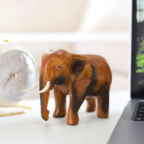 Miniatura 2 de Estatua de elefante de madera tailandesa tallada a mano de 4 pulgadas, escultura, arte decorativo, rústico, decoración para el hogar, decoración