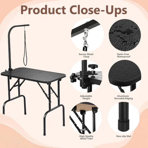 Miniatura 4 de Mesa plegable profesional de 32 pulgadas para preparación de mascotas con brazo y bandeja de soga y malla, capacidad máxima hasta 220 libras
