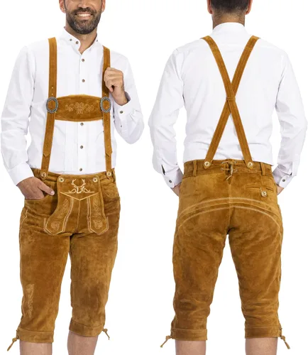BAVARIA TRACHTEN Lederhosen - Traje de Oktoberfest de cuero genuino para hombre, marrón claro y oscuro, amarillo oliva antiguo, verde óxido Marrón