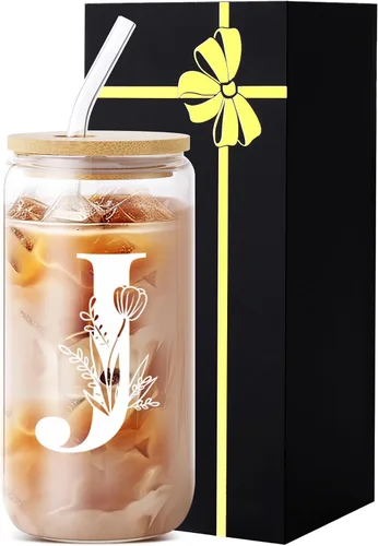 Miniatura 13 de Vaso de vidrio con monograma con tapa, pajita, idea de regalo de moda para amantes del café para mujeres y adolescentes, regalo personalizado
