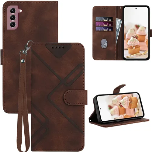 Miniatura 10 de Funda para Galaxy S21, tarjetero, correa para la muñeca, soporte, cierre magnético, funda con patrón de piel sintética, protección a prueba de Azul