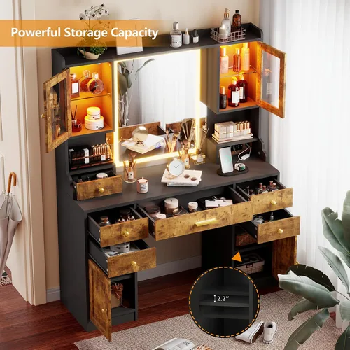 Miniatura 5 de Mesa de tocador con espejo LED y estantes organizadores de maquillaje giratorios 360, tocador de maquillaje blanco con luces y estación de carga