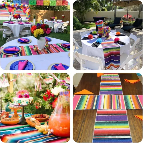 Miniatura 4 de Camino de mesa mexicano de 14 x 108 pulgadas, diseño de rayas de arcoíris, decoración temática de fiesta mexicana grande para fiesta del Cinco