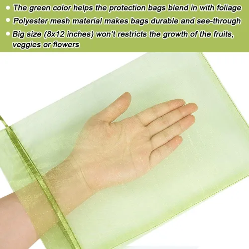 Miniatura 4 de 100 piezas Bolsas de Protección de Frutas 8x12 pulgadas, Bolsas de Cobertura de Malla Verde con Cordón Protectores de Malla para Frutas Barrera