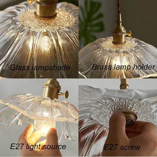 Miniatura 3 de Lámparas colgantes de 11.8 pulgadas, lámpara nórdica retro de latón con pantalla de vidrio transparente, lámpara de 59.1 pulgadas de altura
