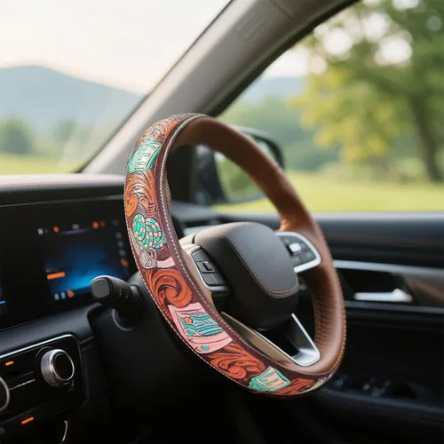 Miniatura 8 de Funda para volante de automóvil occidental de cuero troquelado estilo retro vaquero, accesorio universal de 15 pulgadas antideslizante para SUV