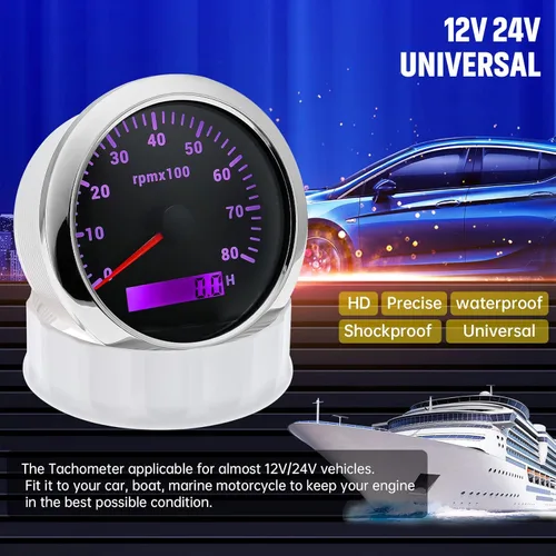 Miniatura 3 de ARTILAURA Tacómetro para Barco Tacometro 85mm 3-3/8" 7 Color LED 8000 RPM Medidor para Coche AUTO Marino Camión 9-32V (Negro & Plata)