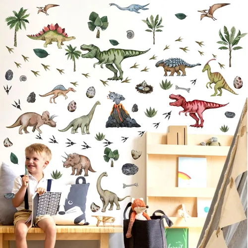 Miniatura 7 de Calcomanías de pared grandes de dinosaurio para despegar y pegar, calcomanías de pared de huellas de dinosaurio, hojas tropicales, palmeras