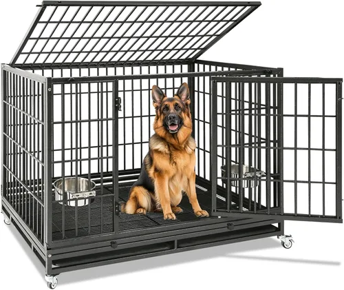Miniatura 17 de Homey Pet Paquete de 2 jaulas apilables de tres niveles de 43 pulgadas para perros con ruedas, jaula de acero indestructible para perros