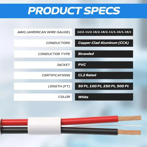 Miniatura 4 de Cables Direct Online Cable de altavoz 16/2 de 50 pies con clasificación CL2 para interiores de bajo voltaje de aluminio recubierto de cobre (CCA)