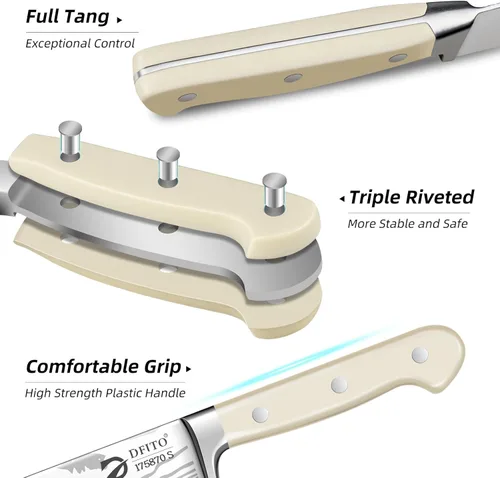 Miniatura 4 de Dfito Juego de cuchillos de chef con bolsa de rollo, juego de 9 cuchillos profesionales con afilador, juego de cuchillos de cocina de acero Beige