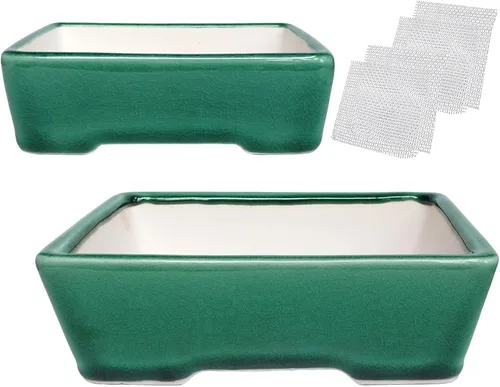 Miniatura 8 de Zisha - Juego de 2 macetas de arcilla blanca para bonsái esmaltadas poco profundas, color azul