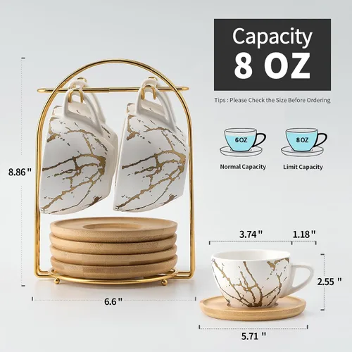 Miniatura 8 de LUKA Juego de 4 tazas de café expreso Demitasse de cerámica con platillos y soporte de metal, tazas de capuchino apilables de porcelana de 8 onzas