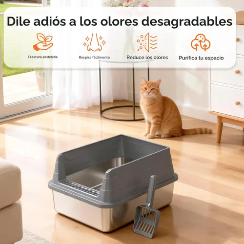 Miniatura 3 de Caja de arena de acero inoxidable para gatos, caja de arena de metal sin olor con tapa de lados altos, bandeja de arena de entrada baja con parte